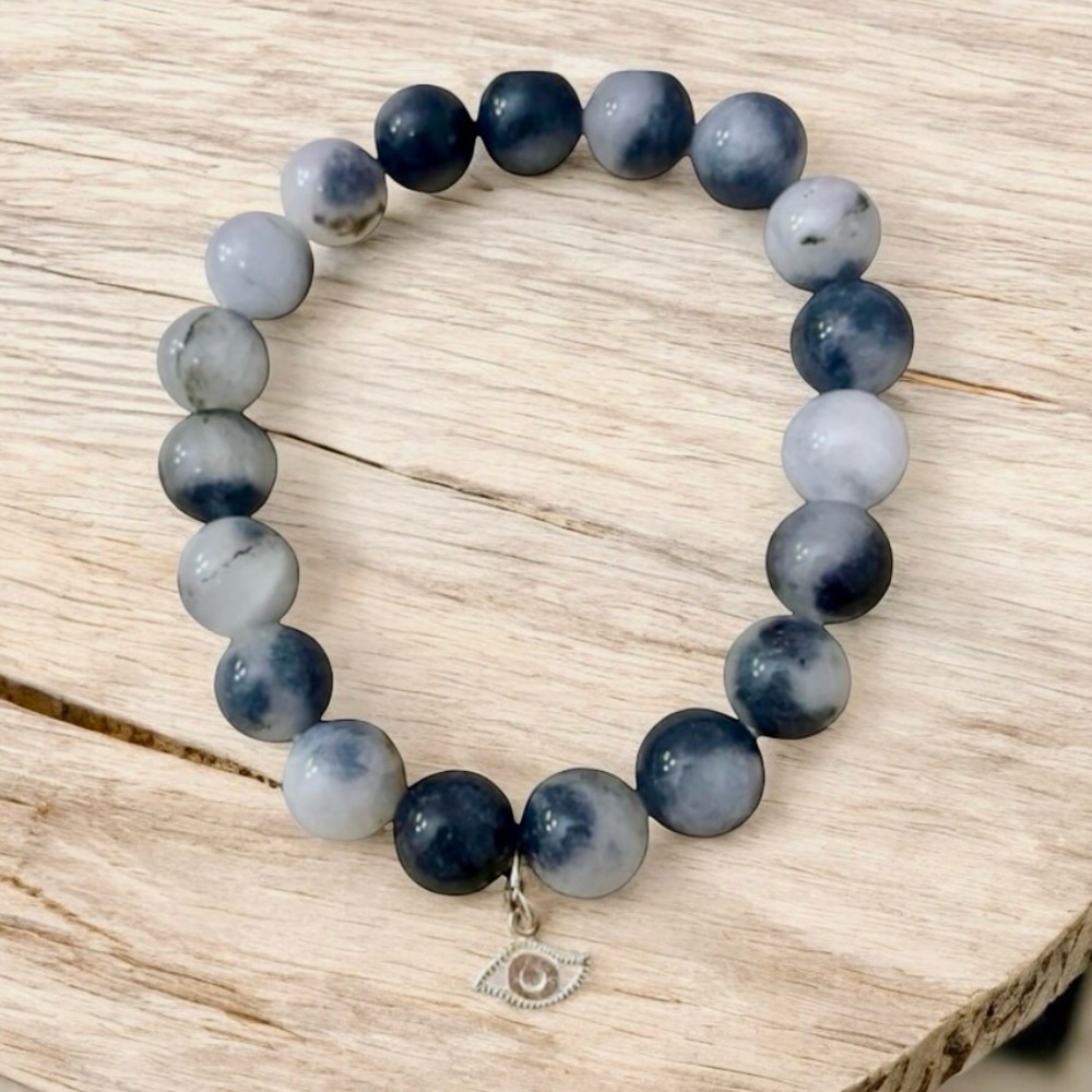 White Black Quartz Beaded Sterling Silver 925 Evil Eye Charm Bracelet